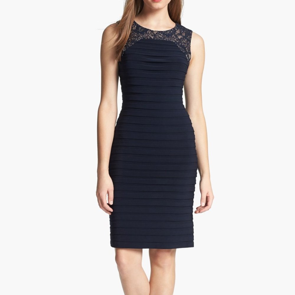 Adrianna Papell Lace Yoke Shutter Pleat Dress